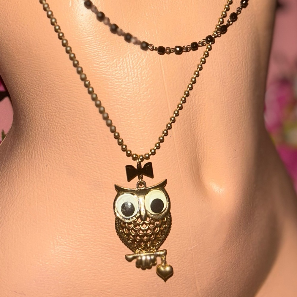 Betsey Johnson owl Google eye vintage long antique gold black layer necklace